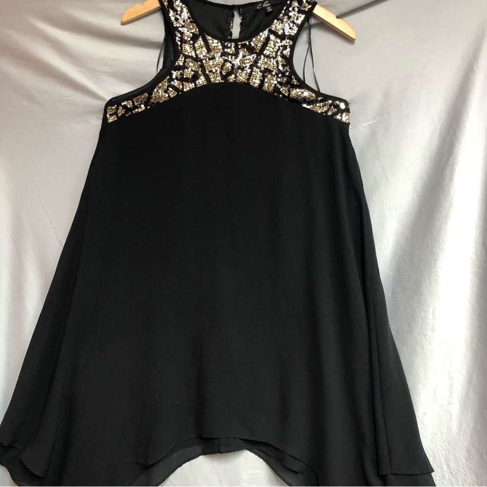 C Luce Medium Black asymmetrical handkerchief hem gold sequins on bodice flowy